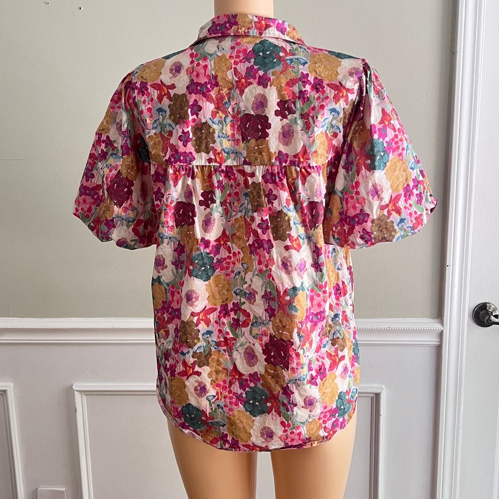 Floral Puff Sleeve Blouse Womens Large Pink Cotton Babydoll V-Neck Top Cottage - Picture 9 of 9